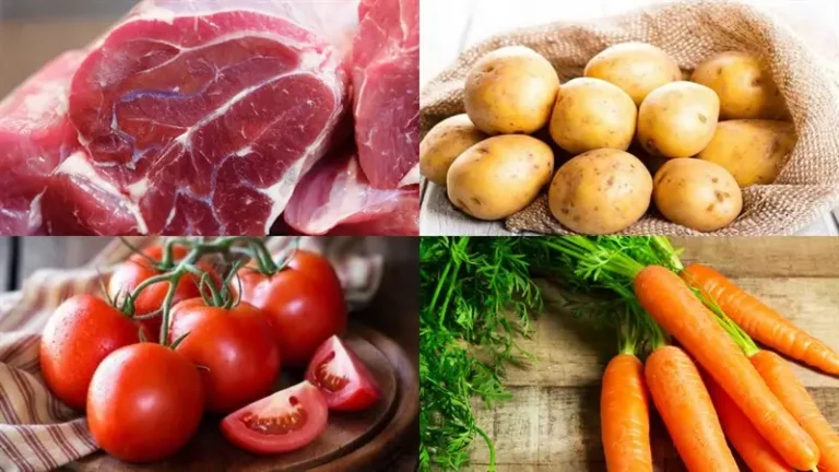 Các nguyên liệu tươi ngon để nấu lagu bò, bao gồm bắp bò, cà rốt, khoai tây, cà chua, sả.