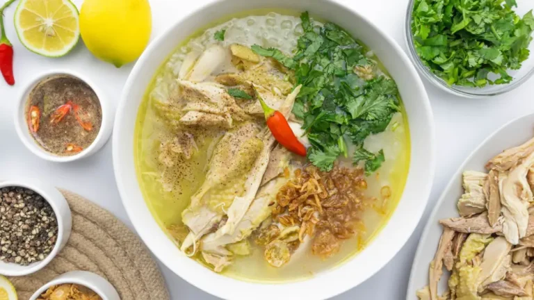 Cháo gà xé nóng hổi, rau thơm.