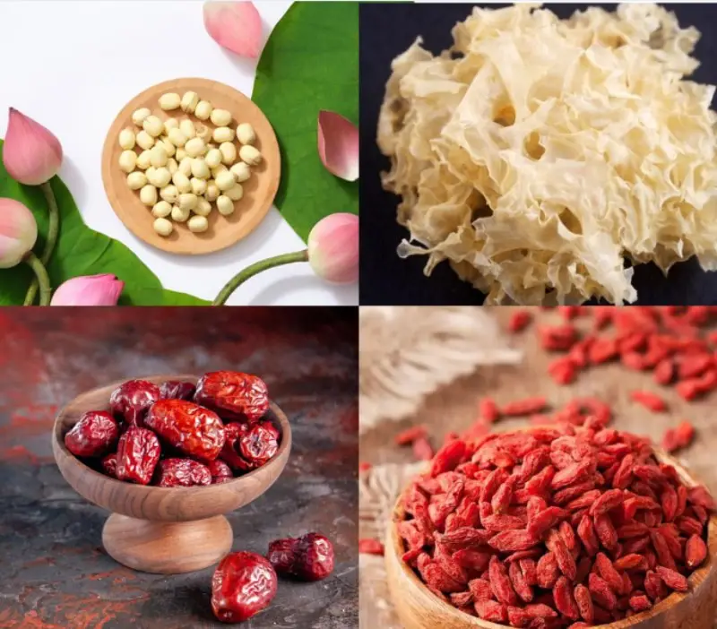 Nguyên liệu phụ: Táo tàu, nhãn nhục, kỷ tử, nấm tuyết