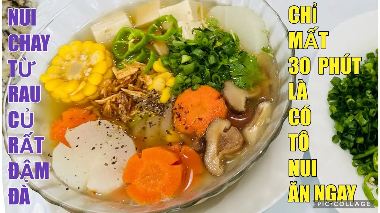 Tô nui chay hoàn chỉnh, topping rau thơm.