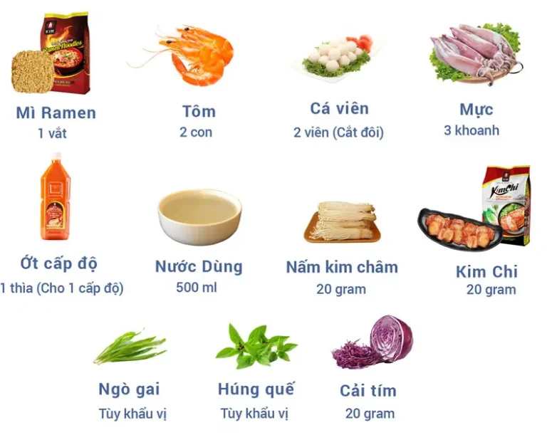 Nguyên liệu tươi ngon làm mì cay bùng vị.