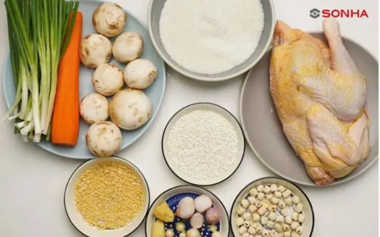 Nguyên liệu tươi ngon chuẩn bị nấu cháo gà.