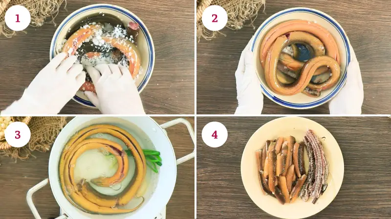 Sơ chế lươn, nấu nước dùng chuẩn vị.